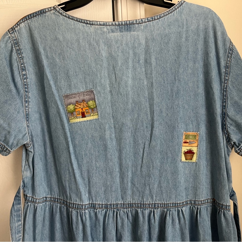 Vintage Jane Ashley Blue Denim Tie Back Garden Patchwork Cottagecore Dress Large - Picture 9 of 14
